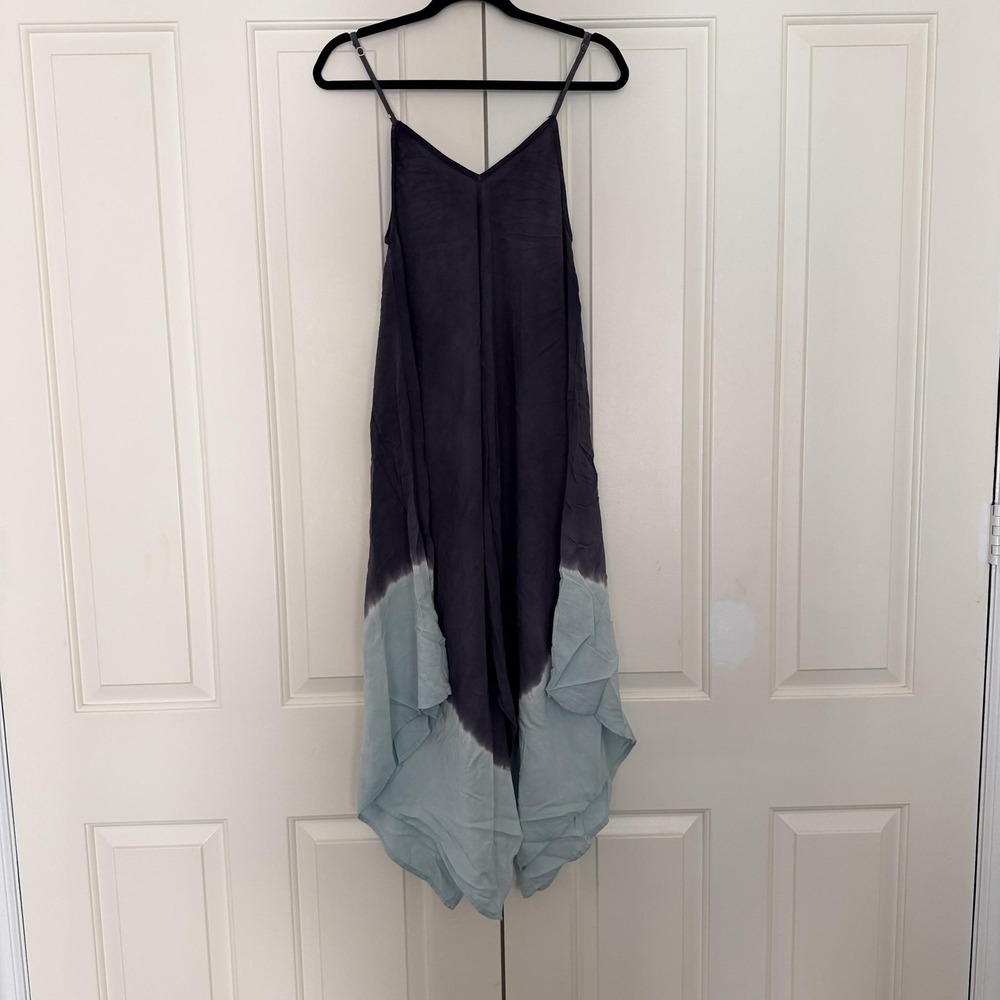 Lulus Dress Womens Medium Gray Aqua Blue Tie Dye Asym Hem Trapeze Boho Sundress